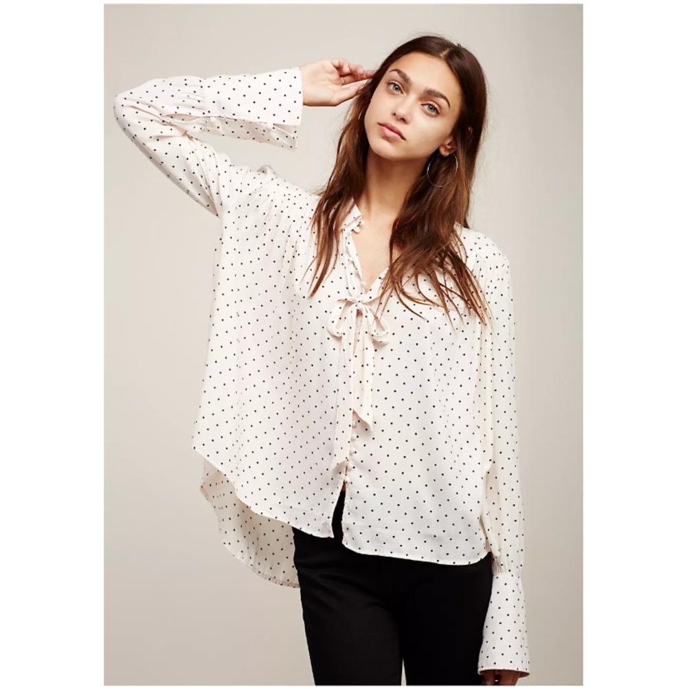 Free People New World Dotted Blouse retro oversized button‎ front shirt
